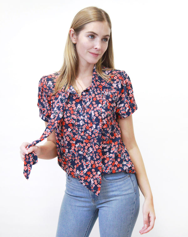 Tie Neck Short Sleeve Blouse