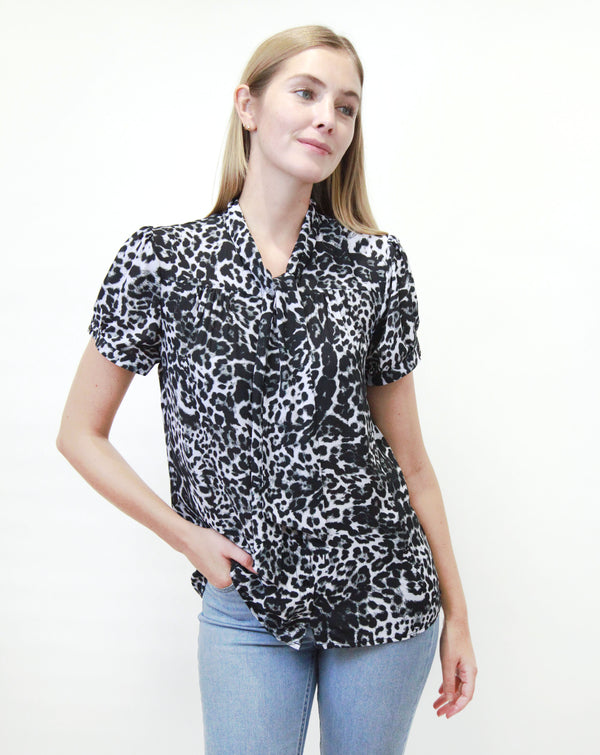 Tie Neck Short Sleeve Blouse