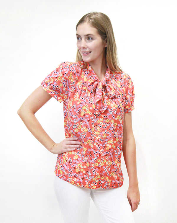 Tie Neck Short Sleeve Blouse